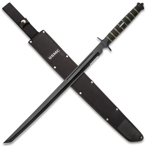 USMC Blackout Combat Tanto Sword with Nylon Sheath | AUS-6 Stainless Steel Tanto Blade | Rubberized Injection Molded Handle | Textured Grip | 27 1/2 Length | Battle Gear Ready