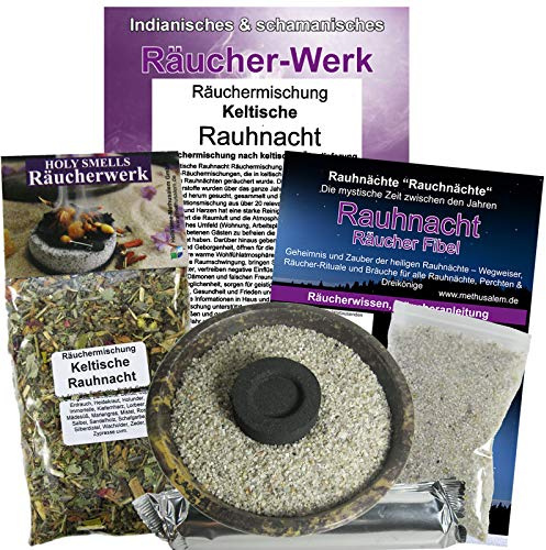 Rauhnächte 7-TLG Set KELTISCHE RAUHNACHT zum räuchern 22-Kräuter für alle Rauhnächte. Räucherset mit 10cm RÄUCHERSCHALE, Räuchermischung, Räucherkohle, Rauhnachtfibel, Räucherzubehör. 81143-B10
