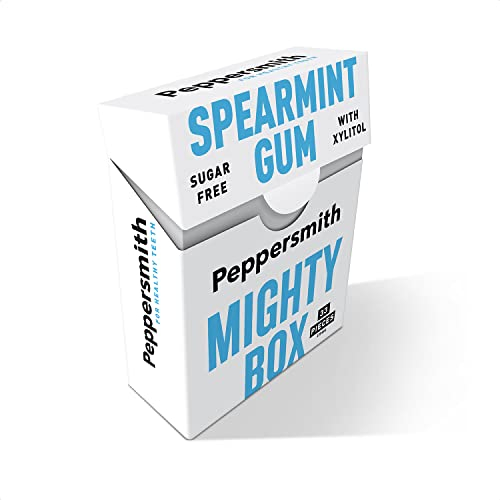 Peppersmith - British Spearmint Gum - Vegan Friendly - 100% Plant Based Xylitol - Natural Flavours - Freshens Breath - Sugar Free Gum - Benefits Oral Health - Mighty Pouch - 33 Pieces