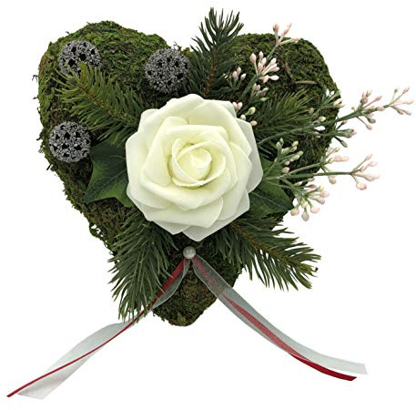 Radami Grabgesteck Grabschmuck Grabaufleger Moosherz Grabherz Trauerherz Grab Herz Gesteck und Rose (Rose Weiß)