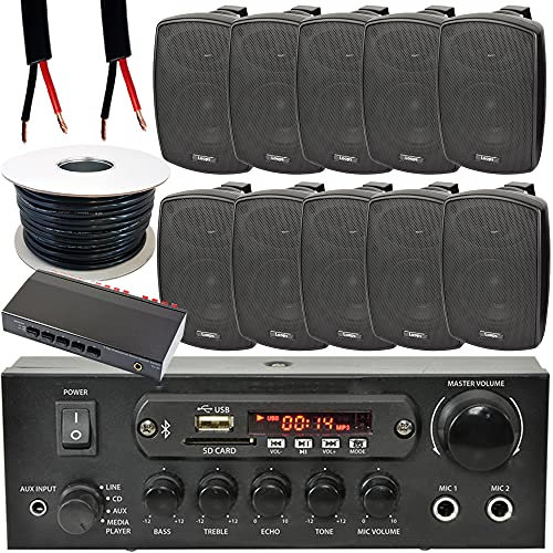QUALITY 10x 4” 60W Black Outdoor Speakers & 5 Zone Bluetooth Amplifier Kit | SMART HOME ECHO DOT | BBQ Garden Wall Party Restaurant System for External/Outside Audio | HiFi Wireless Music Streaming