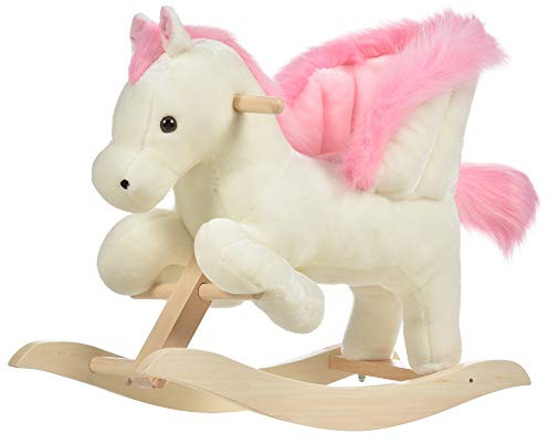 HOMCOM Cheval à Bascule Fonction Musicale Selle Grand Confort Peluche Courte Douce pour Enfants 18-36 Mois Bois peuplier Blanc et Rose dim. 70L x 28l x 57H cm