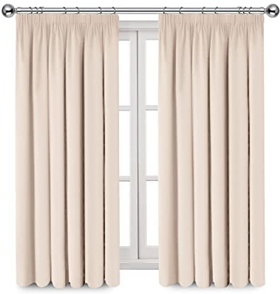 Imperial Rooms Pencil Pleat Blackout Curtains for Living Room - Cream Bedroom Curtains & Drapes Thermal Insulated 46 x 54 Inch Drop Black Out Window Curtain with Matching Tie Backs Two Panels