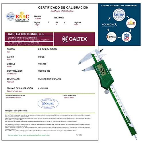 Calibro tarato INSIZE 1108-150 con Certificato di Taratura Acreditato LAT (accettato da ACCREDIA)
