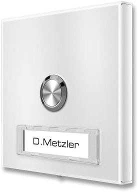 Sonnette en saillie carrée Metzler en blanc trafic RAL 9016 avec plaque nominative interchangeable taille : 10 x 10 cm
