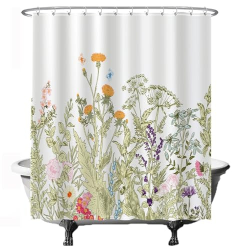 Ulticool duschdraperi – naturliga blommor, retro, vintage – 180 x 200 cm – tvättbar – anti-mögel – vattentät – med 12 ringar – grön, vit