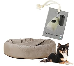 Rohrschneider Deluxe Hundekissen Kuschelhöhle Denver, Samt, mit Hundekotbeutel, Größe S (für kleine Hunde), Taupe