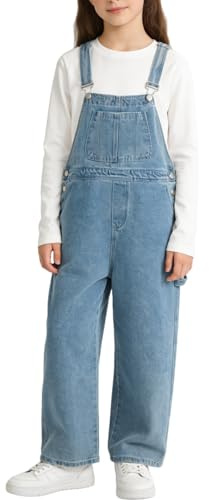Rolanko Salopette di Jeans da Ragazze con Spalline Regolabili, Tuta di Denim Casual per Bambini, Tasche Blu, Taglia:150