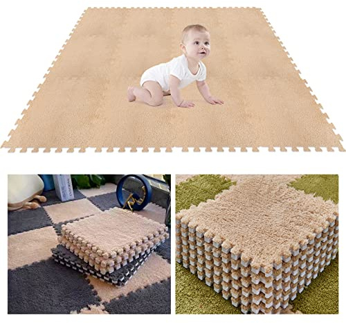 12Pcs Foam Play Mat 30x30x1cm Puzzle Play Mats Floor for Kids Soft Plush Interlocking Foam Mat Set with Edges for Floor Protection Yoga Fitness Workout Mats kids Play Mats (Khaki)