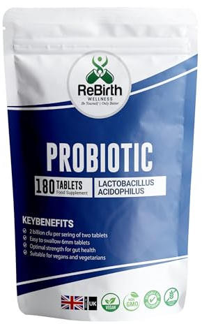 Probiotics for Gut Health - 180 Tablets - Lactobacillus Acidophilus Probiotic - Probiotics for Women and Men - Gluten Free and Vegan Friendly - Made in UK - Rebirth Wellness