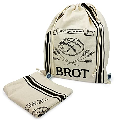 LANGDHUUS Brotbeutel 2er Set | wiederverwendbar | mit Kordelzug | 38 x 43 cm | Zuziehbeutel | Beutel für Brot, Baguette, selbstgemachtes Brot, Obst- und Gemüsebeutel