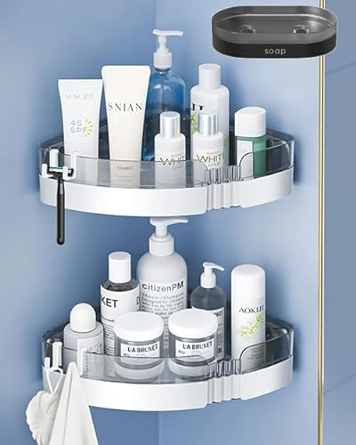 WeshyiGo Portaoggetti da doccia d'angolo, set di 2 organizer in plastica adesivi con Portasapone e 4 ganci, scaffale per doccia e ripiano da cucina montato a parete.