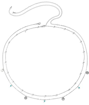 Stfery Body Chain Silber, Taille Kette Damen Taillenkette Doppellagige Türkisfarbene Paillettenperle Bauchkette Körperkette 87cm
