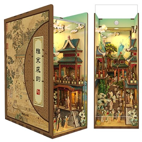 Tonecheer Book Nook Kit 3D Holzpuzzle Booknooks DIY Modellbausätze Erwachsene zum Baue Miniatur Haus Bücherregal Nook Book mit Licht lustiges Geschenke Geburtstagsgeschenk(Song Dynastie Kultur)