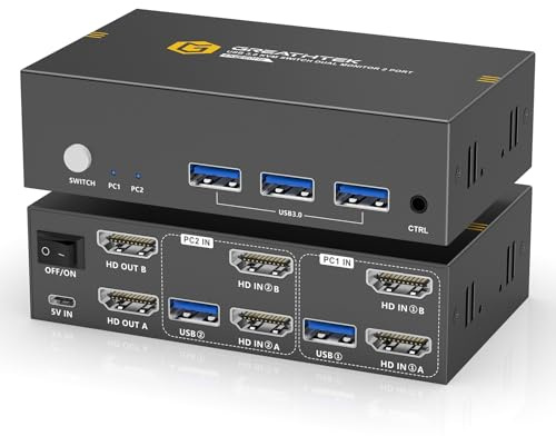 HDMI KVM Switch 2 Monitors 2 Computers 4K@60Hz, USB 3.0 KVM Switches for 2 Computers Share Keyboard/Mouse/Printer and 2 Monitor, Support Extended & Copy Modes Wide Compatibility, Plug-and-Play