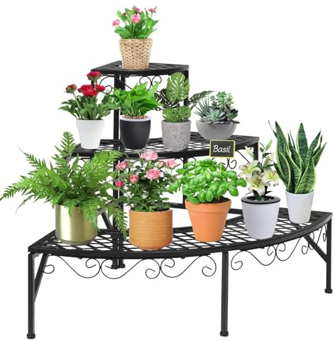 RELAX4LIFE Blumentreppe 3-stufig, Blumenregal aus Metall, Blumenständer mit 3 Ebenen, Pflanzenständer mit Rutschfesten Füßen, Pflanzentreppe für Balkon Terrasse Garten Wohnzimmer (Viertel-Rund)
