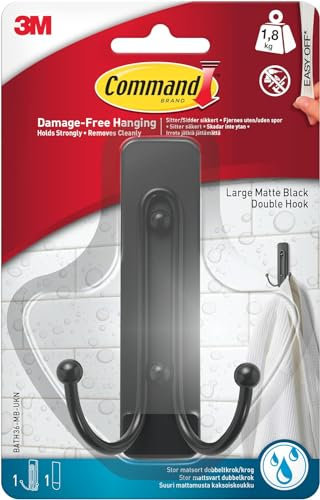 Command Large Double Bathroom Wall Hook, Matte Black - 1 Hook and 1 Water-Resistant Strip - Damage Free Hanging for Bath Towels