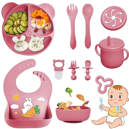 Bizcasa 11 delar silikonbarnservis, halkfritt barnservisset, set med sugkopp, halkfri babyskål, babytallrik, babybestickset för småbarn, BPA-fri (mörkrosa)