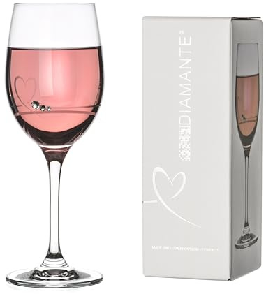 DIAMANTE Petit Heart Wine Glass Single - Etched Design Embellished with Swarovski Crystals in Gift Box