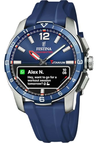 Festina Montre Connectée Hybride Homme - Bracelet Caoutchouc Bleu - Suivi Pas, Musique, Notifications - Autonomie 10 Jours - F23000/1 Connected D