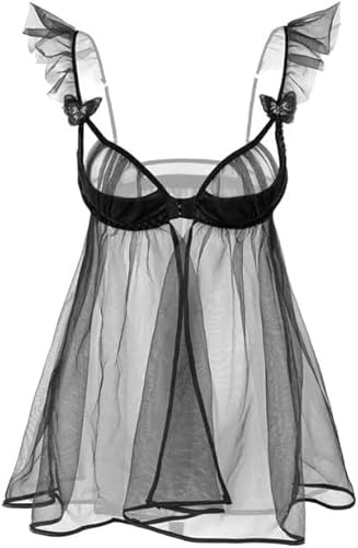 Sexy Babydoll Lingerie Set for Women Sheer See Through Mesh Nightdress | Open Front Teddy Sleepwear Pyjamas with G String V Neck Chemise for Valentine Honeymoon