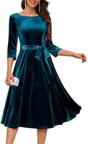 DRESSTELLS Velvet Cocktail Dresses for Wedding Guest, Formal Holiday Christmas Party 3/4 Sleeves Modest Evening Gala Prom 2025 Winter Mother of Bride Velour Dress Turquoise XL
