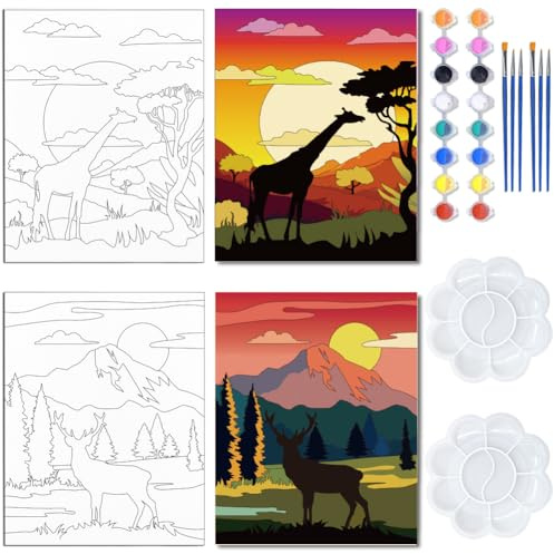 WEBEEDY Vorgezeichnetes Leinwand Malset DIY Vorgespanntes Leinwand Malerei Vorgedrucktes Sip Und Malset Für Erwachsene Paar Date Night Party Raumdekor (20 x 25cm) Natürliche Landschaft