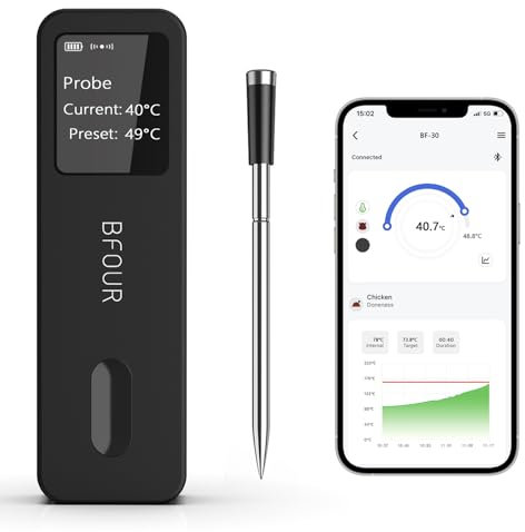 BFOUR Termometro per carne senza fili, Bluetooth con app, IP67, impermeabile IP67, termometro grande display, controllo app, per barbecue, forno, girarrosto