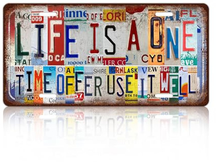Vintage License Plate Inspirational Quotes Wall Decor Life Is A One Time Offer Use It Well Metal Tin Sign For Bar Home 12 x 6 Inches