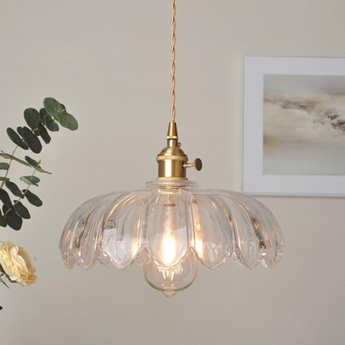 OURLOVEII Vintage Transparent Glas Pendelleuchte mit Messing Schalter, Gold Küche Hängelampe mit Klar Glas Lampenschirm, Höhenverstellbar E27 Esszimmer Lampe Hängend für Esstisch Flur