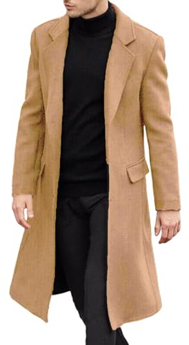 Herr trenchcoat lång, herr enkelknäppt ullblandning ärtrock, vinter tjock smal passform trenchcoats, Khaki, L