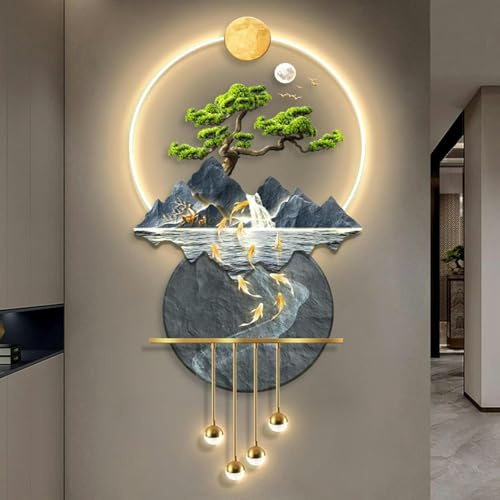 FLTRGO 3D -Kunst -Wanddekoration, Wandskulpturen Hängende Malerei Koi -Fische, Die Kiefern Wandkunst Dekorationslampe Begrüßen