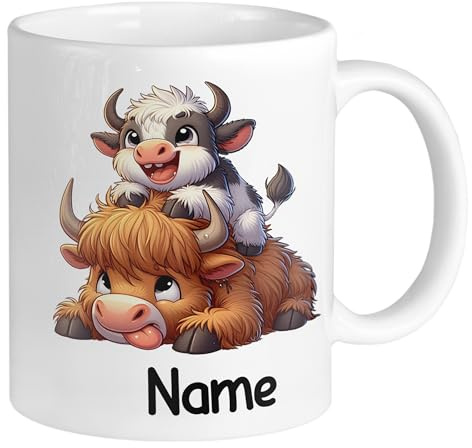 GRAZDesign Tasse Kinder mit Namen personalisiert, Büffel Motiv Kinderbecher aus Keramik 330ml