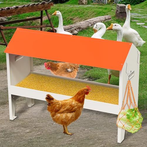 MUALROUS Futterautomat Hühner Edelstahl Hühnerfutterspender Kein Abfall Automatischer Geflügelfutterspender mit Deckel Wetterfest Wandhalterung Trog Hühnerstall Futterspender (39 * 4.7 * 12.3inch)