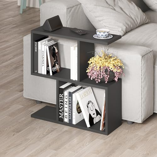 Holz Beistelltisch mit 2 Etagen, vielseitiger Sofatisch mit 4 offenen Fächern, kompakter Organizer für Wohnzimmer und Büro, belastbar bis 20 kg, pflegeleicht, 60 x 60 x 19,5 cm (seidiges Grau-Schwarz)