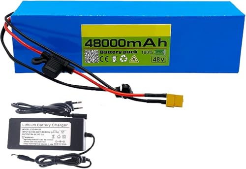 Batería De Iones De Litio De 48 V 48 Ah 13S3P para Bicicleta Eléctrica con Cargador, Protección BMS Incorporada, Ideal para Motor De Bicicleta Eléctrica De 200 W, 500 W, 1000 W 48V 48Ah,XT60