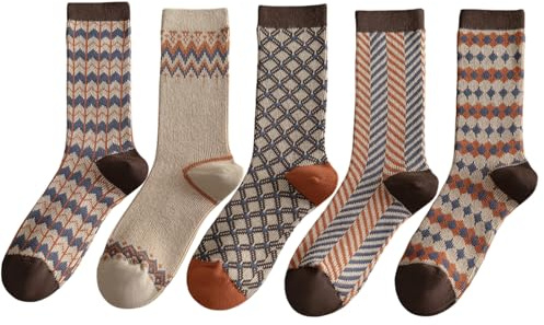 Pick Ferns in March Women's Vintage Fair Isle Brown Socks, 5 Pairs, 4-7 | Warm thermal cotton-rich boot socks, thread-free inside. 5 retro designs - cosy for cold days, Christmas and New Year.