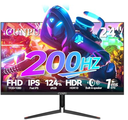CUNPU 24 Inch 1080P 200Hz Gaming Monitor, FHD Fast IPS Panel, 124% sRGB 1ms HDR Zero-Frame Computer Monitor, Built-in Speaker, HDMI 2.1, DisplayPort 1.4, FreeSync & G-Sync, Tilt, VESA, Eye Care