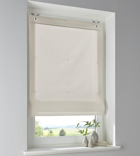 Raffrollo Stig aus 100% Baumwolle in Natur einfarbig, Blickdicht, Montage ohne Bohren, mit Fensterhaken, Breite 100 x Höhe 140 cm