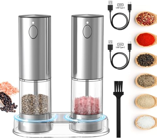 Electric Salt and Pepper Grinder Set, Stainless Steel Pepper Mill, USB Rechargeable, Adjustable Coarseness, Auto Grinders with Storage Base White LED Light, One-Handed Operation