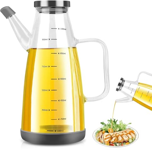 GOEDCH Botella de aceite de oliva de 1 l: botellas de vinagre vacías con tapa superior de acero inoxidable, dispensador de aceite grande a prueba de fugas, botella de aceite de oliva con embudo