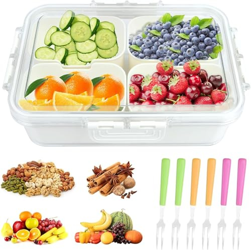 ROTKUSZ Snackbox mit Fächern Snackbox mit 4 Fächern Kunststoff Snackteller Nicht In Die Spülmaschine Geben BPA Frei Snackschale mit Deckel Abnehmbar Snack Organizer für Gewürze Keks Obst Nüsse