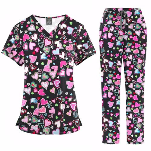 Meichoon Medical Scrubs For Healthcare Workers Cartoon Print V Neck Short Sleeve Two Pocket Polyester Lightweight Year Round Work Set DK73
