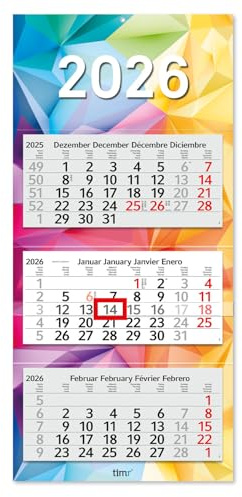 Calendrier mural trimestriel 2026 Timr - Calendrier 3 mois avec curseur - 70 cm Calendrier trimestriel multilingue D/GB/F/ES I Motif arc-en-ciel coloré I tr335