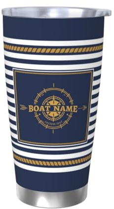 Mug de voiture isotherme de voyage bleu marine à rayures rétro pour adultes personnalisé nom de bateau tasses à café ancre boussole gouvernail cadeaux personnalisés en acier inoxydable tasse avec