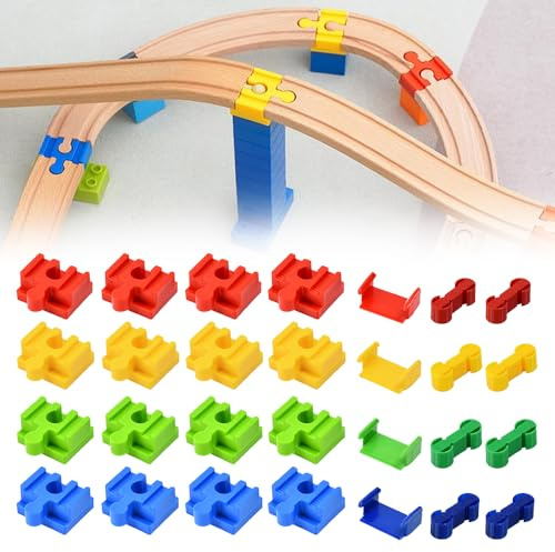 Zuxbolf 28 Conectores de Vías de Tren de Madera Adaptadores de Vía de Tren para Conectar Ferrocarril de Juguete Accesorios para Pista de Tren para Ampliar Circuito Levantar Vía Estabilizar Puente