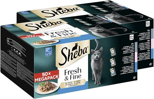 SHEBA® Portionsbeutel Multipack Fresh & Fine in Sauce mit Lachs, mit Thunfisch, mit Kabeljau (MSC) 2 x 50 x 50g