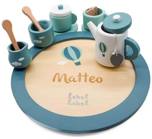 Holz Tee Set Kinder grün – Kinderservice für Rollenspiel & Spielküche – Montessori Spielzeug ab 3 Jahre – Teeservice mit Zubehör – Geschenk für Mädchen & Jungen