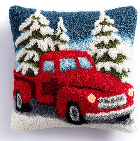 XDEGHUANGSS Kit de coussin latch hook 43x43 cm,Tapisserie point noué DIY avec motif pré-imprimé,kit de broderie fait main pour débutants et adultes,décoration intérieure(Camion rouge)
