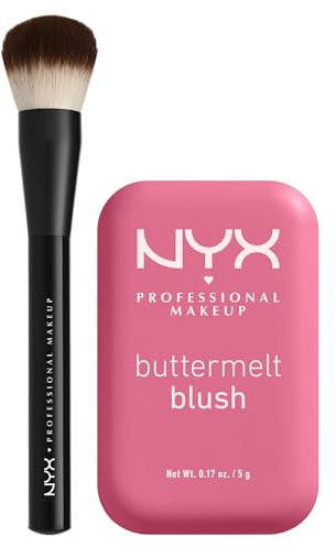 NYX Professional Makeup Buttermelt Blush in Polvere 06 For The Butta con Burro Mango Mandorle e Karité + Pennello Viso Pro Brush Buffing con Setole Arrotondate - Set da 2